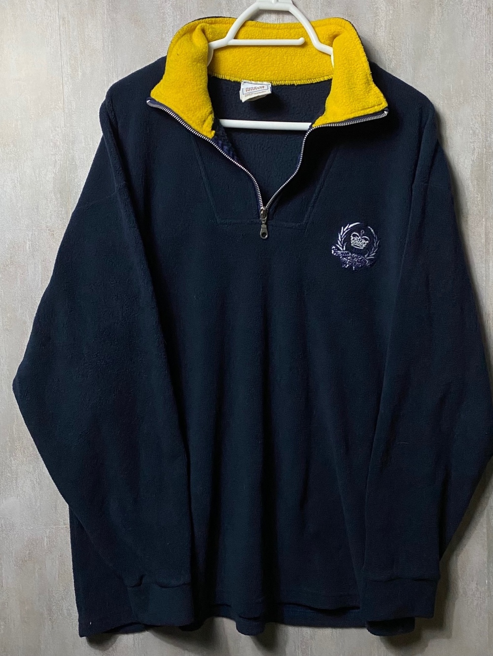 Vintage 2000s Y2K Fleece 1/4 Zip Pullover M Navy Yellow Collar Crest Cozy
